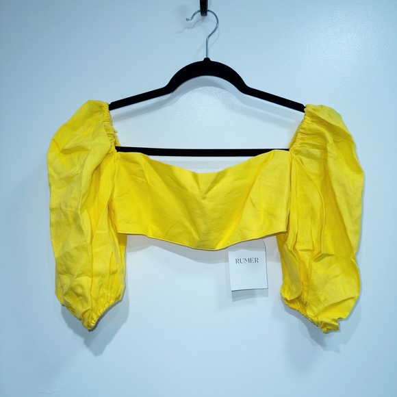 Rumer Sunshine Yellow Delphine Linen Puff Sleeve Crop Top Size XXS NWT - Picture 2 of 10